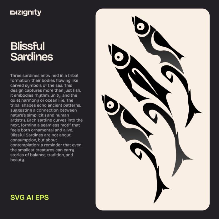 Three sardines arranged in a tribal shape illustration, artistic vector design by Dizignity, symbolizing harmony and ocean-inspired creativity.