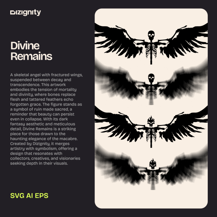 Divine Remains artwork — skeletal angel with tattered wings, dark fantasy illustration by Dizignity, symbolizing decay and transcendence