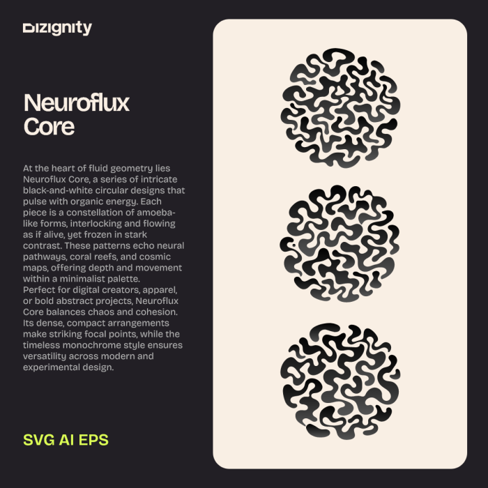 Neuroflux Core abstract black‑and‑white circular design pack by Dizignity — intricate organic patterns inspired by neural pathways, coral reefs, and cosmic geometry, perfect for digital creators and apparel design.