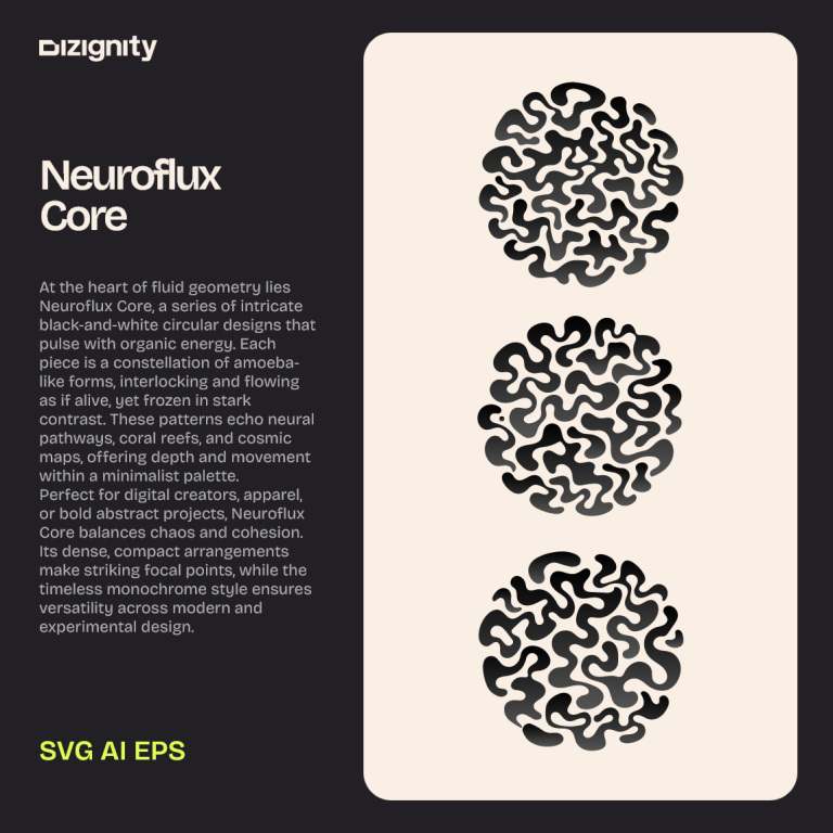 Neuroflux Core abstract black‑and‑white circular design pack by Dizignity — intricate organic patterns inspired by neural pathways, coral reefs, and cosmic geometry, perfect for digital creators and apparel design.
