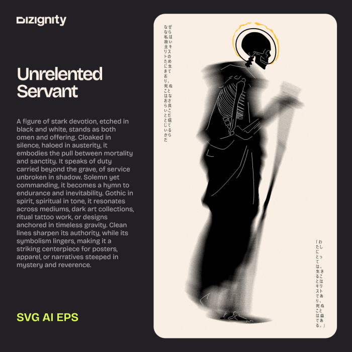 Black-and-white skeletal figure in a hooded robe holding a staff, with a halo around its skull, standing in profile. - Free Download