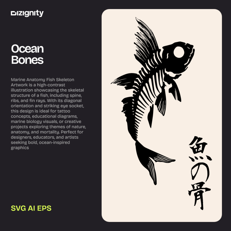 Detailed fish skeleton artwork with spine, ribs, and fins in diagonal orientation.